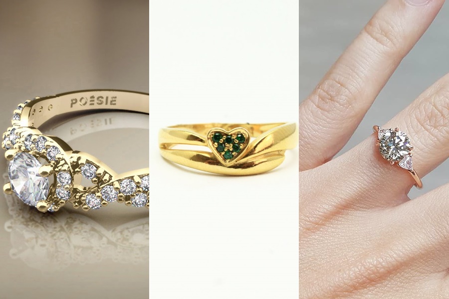 três modelos de anel de noivado de ouro