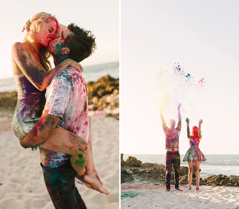 foto para pré-wedding casal se sujando com tintas coloridas